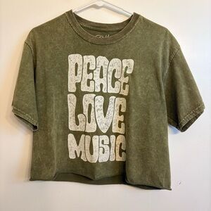 Women’s Medium Peace Love Music Graphic Crop Top Short Sleeve Heather Green Boxy